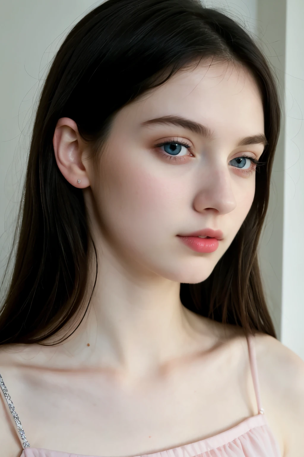 ((Best Quality)), ((Masterpiece)), (detailed), 1 girl, black hair, blue eyes, pale skin, thin face, pink lips, Delicate nose, angel face
