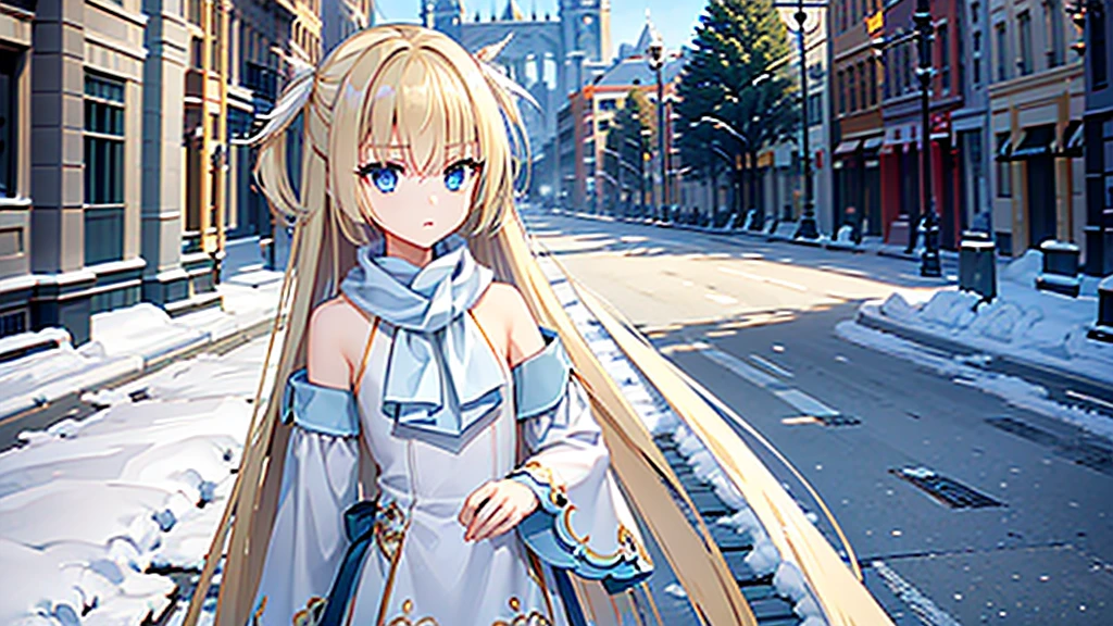 ((masterpiece)),(best quality),Official Art,Extremely detailed CG,Unity 8K wallpaper,Very detailed,Beautiful and delicate eyes,Extremely detailed face,1 girl,solitary,,(whole body:1.5),(small:1.3),，winter，Snowflakes fell in the sky，solitary独的圣诞节，Walking in the street，Wearing a long white scarf