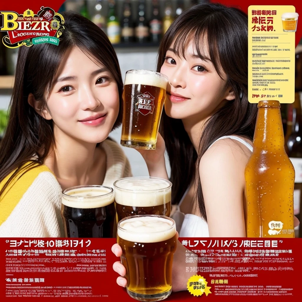 Beer promotion flyer, 1asian beauty holding 2glasses of beer