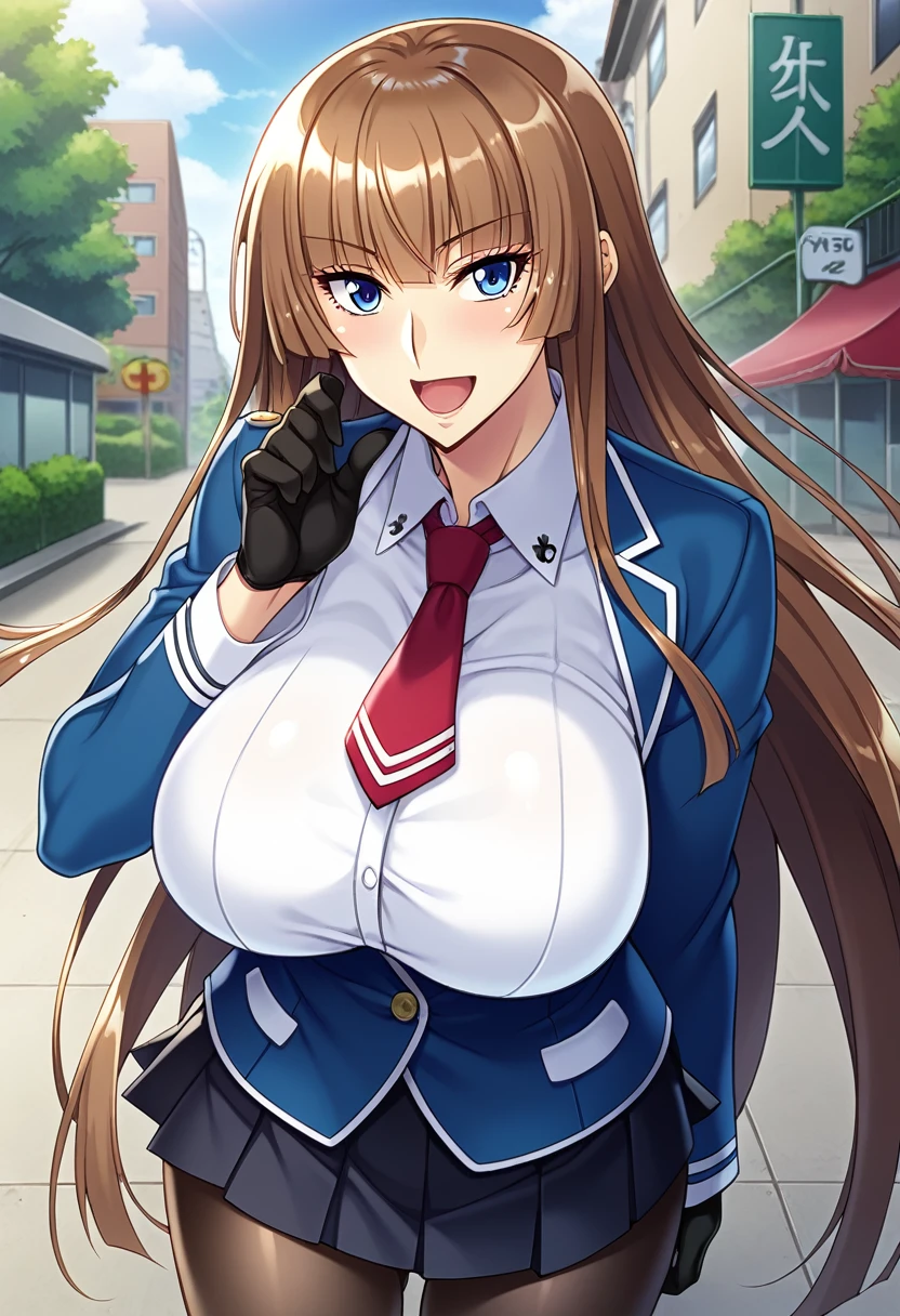 score_9, score_8_up, score_7_up, score_6_up, source_anime, game cg, aoi_nagisa_\(metalder\), BREAK solo, 1girl, koukawa asuka, brown hair, long hair, blue eyes, big eyes, bangs, side bangs, (huge breasts:0.8), medium body, BREAK school_uniform, blue jacket, (white collared blouse:1.2), red long necktie, black gloves, black pleated skirt, black pantyhose, BREAK happy, open mouth, outside, street, cowboy shot,