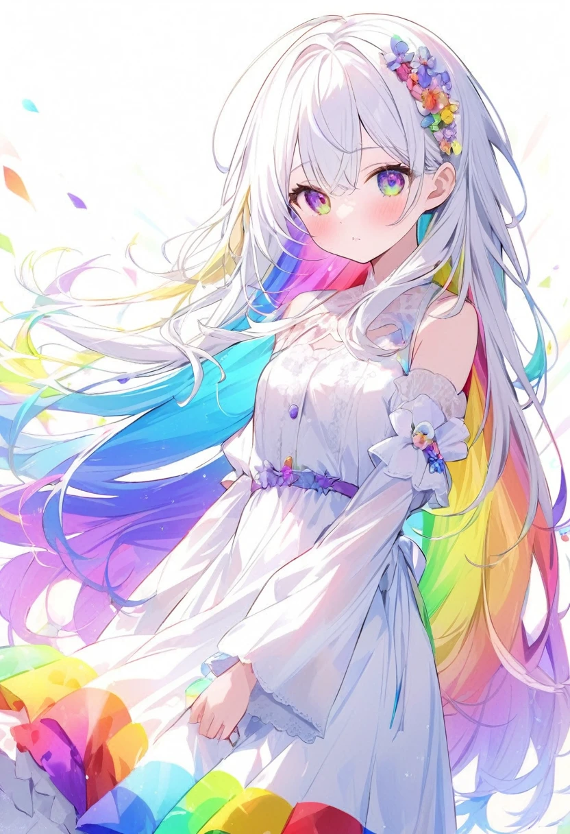 Rainbow colors、Bright colors、Colorful、mysterious、mysteriousな色、White Hair、Bright white hair、White Hairの毛、Rainbow colorsの髪、Long Hair、beautiful、Rainbow colorsの目、Bright colorsの目、Colorfulな目、beautifulな目、White background、White Background、child、Rainbow colors、White clothing、Can be various colors、Mr.々The image of having the ability to become a、っぽい