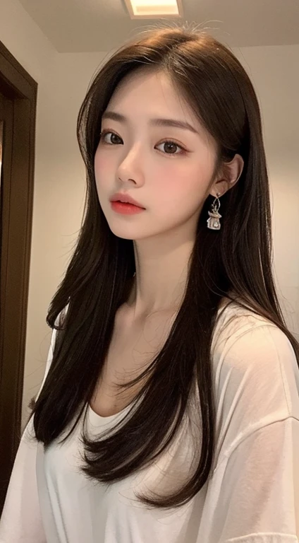 ((midnight, The best quality, 8k, Masterpiece :1.3)), full bodyesbian, long legs, sharp focus :1.2, A beautiful woman with a perfect figure. :1.4, slim abs :1.1, ((dark brown hair, gigantic neckline breasts :1.2)), (tight white t-shirt,neckline, standing on your feet:1.2), (night scene, ceiling:1.3)), Highly detailed face and skin Textune Eye, double eyelid