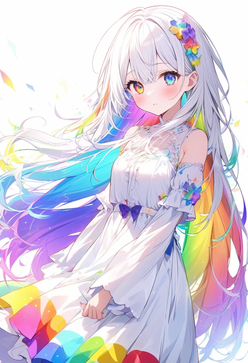 Rainbow colors、Bright colors、Colorful、mysterious、mysteriousな色、White Hair、Bright white hair、White Hairの毛、Rainbow colorsの髪、Long Hair、beautiful、Rainbow colorsの目、Bright colorsの目、Colorfulな目、beautifulな目、White background、White Background、child、Rainbow colors、White clothing、Can be various colors、Mr.々The image of having the ability to become a、っぽい
