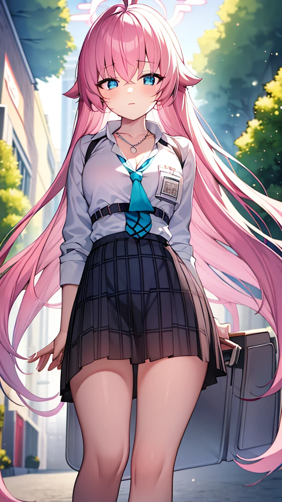 high quality, masterpiece, Very detailed, , The skirt is very short, Unbuttoned shirt, White, necklace, Female Head, 1 girl, Solitary, Calm expression, Pink long hair, Attractive blue eyes , Large Breasts, School