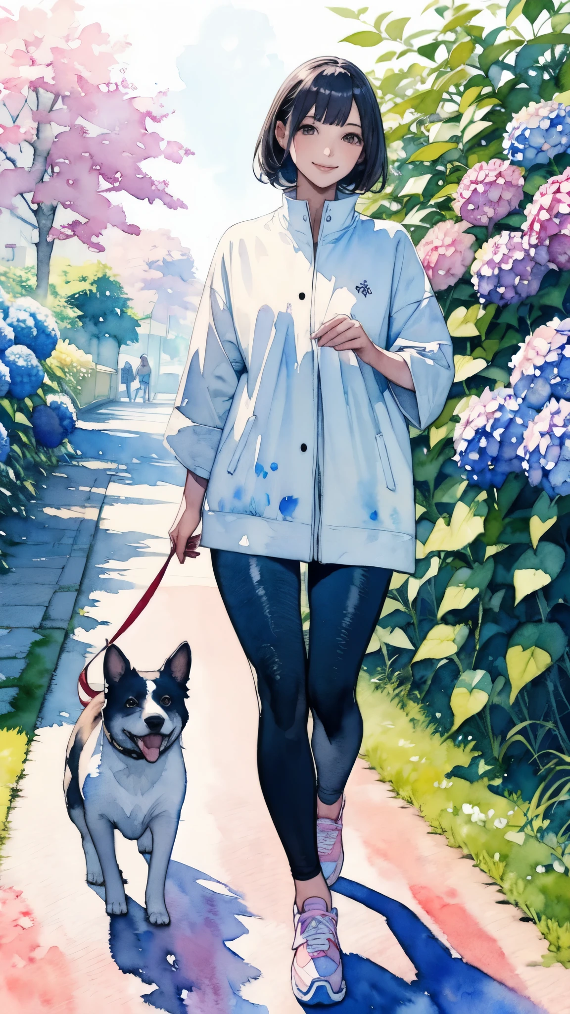 (masterpiece),(Highest quality:1.2),(Very detailed:1.2),(High resolution),(((watercolor))),8K,A woman looking at hydrangeas blooming in the street,leggings,sneakers,Walking with a small dog,透明watercolor,(smile)