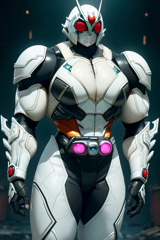 ((((Massive, beautiful, buff, muscular light brown skinned female kamen rider with white hair, black lipstick, ginormous bulky muscles and wearing a gleaming white kamen rider armored suit with pants)))), {close view}, black eyeliner, massive muscles, large breast, massive biceps, hyper muscle triceps, (long straight hair), blue eyes, kamen rider boots, (In a dilapidated city), (kamen rider armor), nighttime, closed smile, hyper muscles arms, hyper muscle legs, ginormous arms