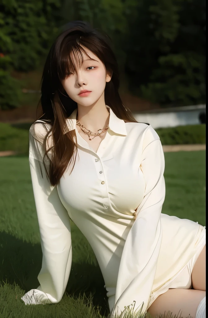 Beautiful woman with perfect body:1.4,Layered Hairstyle,Highly detailed face and skin textures,Double eyelids,Skin Whitening,Long hair,Whitened long legs,(Uniforms,Collar),Sitting on the grass