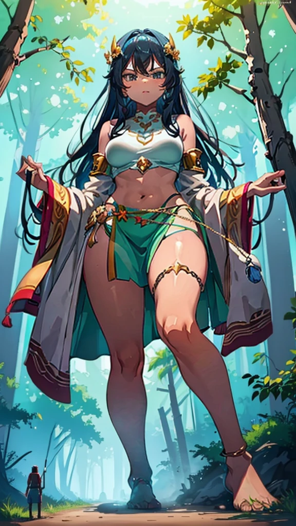 In a forest of large trees there is an even larger Amazonian giantess, with brown skin, black hair, thin, with clothes of the forest, and with very long legs, she is looking for small human invaders of the forest to destroy them so that they do not disturb the peace of the forest. Giantess, goddess, hot, black skin, tall legs, sexy, tiny people, tiny humans, crush, forest, trees, standing, group of small people, slim body
