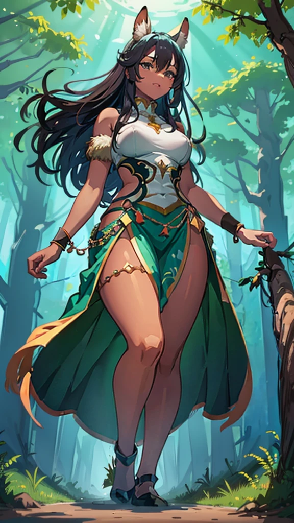 In a forest of large trees there is an even larger Amazonian giantess, with brown skin, black hair, thin, with clothes of the forest, and with very long legs, she is looking for small human invaders of the forest to destroy them so that they do not disturb the peace of the forest. Giantess, goddess, hot, black skin, tall legs, sexy, tiny people, tiny humans, crush, forest, trees, standing, group of small people, slim body