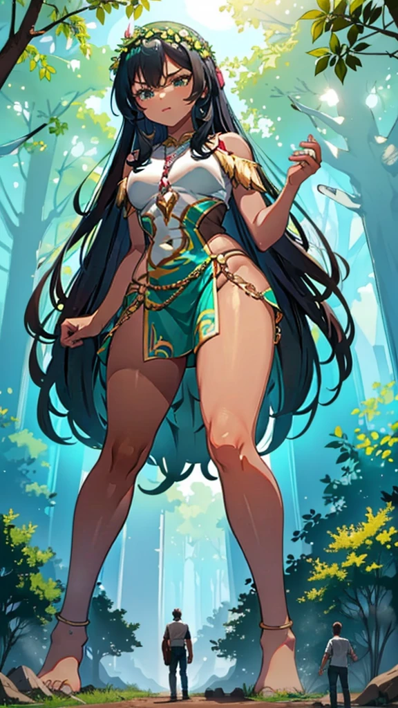 In a forest of large trees there is an even larger Amazonian giantess, with brown skin, black hair, thin, with clothes of the forest, and with very long legs, she is looking for small human invaders of the forest to destroy them so that they do not disturb the peace of the forest. Giantess, goddess, hot, black skin, tall legs, sexy, tiny people, tiny humans, crush, forest, trees, standing, group of small people, slim body
