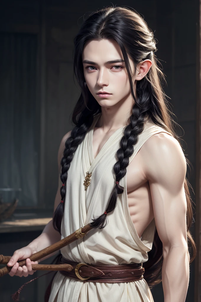 1boy, detailed, detailed hair, cinematic lighting, high-resolution, lean build, perfect quality face, high quality, masterpiece, manhwa style, best quality, anime style, detailed beautiful eyes, perfect face, pale skin, black hair, long hair, braided hair, elf, holding a staff, anime style