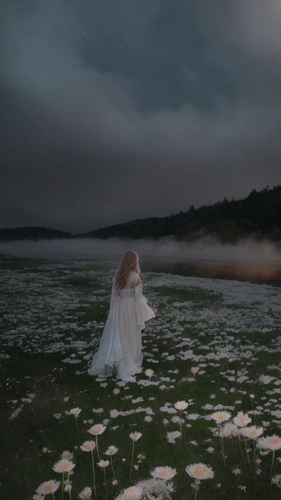 masterpiece of materpieces, PHOTOREALITIC, DENSE MIST. Smokey skies cast eerie light in the Anthropocene on a lake surrounded by cherry blossom trees, snow falling, pink dandelions covered in snow in enchanted forest, heavy mist and fog over the lake, fairy tale vibes, petals floating, dreamy looking, Sun burning like fire. Stars on the sky. Field filled with white flowers. PHOTOREALISTIC and cinematic. Nikon Z9
