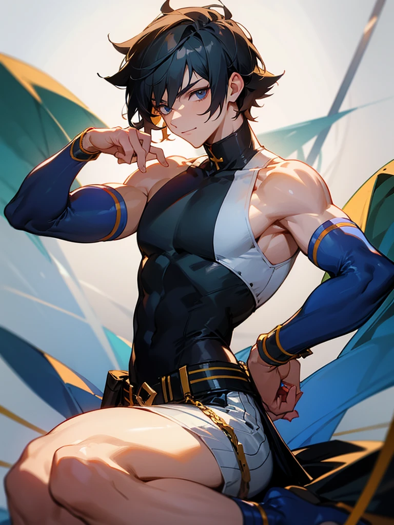 Young man in sleeveless clothing with bands that go from the fingers to the ankle American hair with a large top