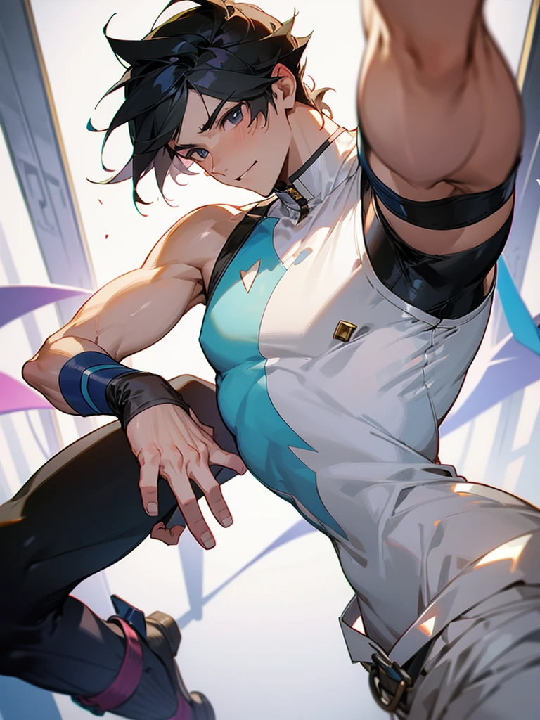 Young man in sleeveless clothing with bands that go from the fingers to the ankle American hair with a large top 