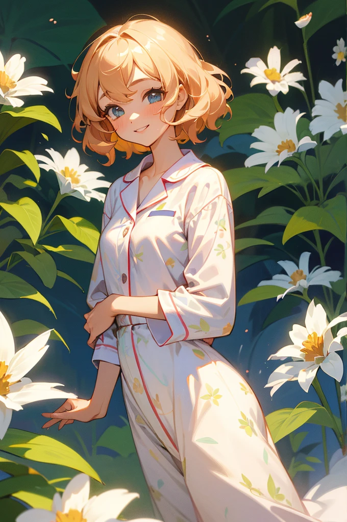 Masterpiece, best quality, nonsense, perfect anatomy, 1 girl, alone, Pascal Tales, short hair, beautiful, cheerful, sunny day, botanical garden, Summer breeze, pajamas, flower pattern, Wavy hair, smile