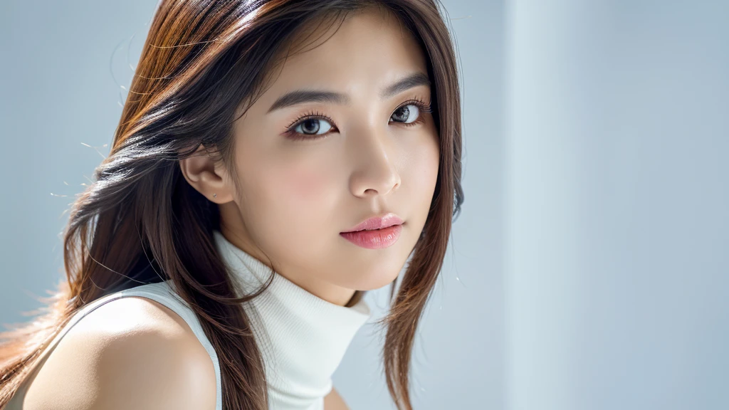 (detailed face),VIVID,normal breasts,pretty,sleeveless and turtle neck white silky clothes,4k ,super high resolution ,(photo-realistic: 1.7),white background,long hair,