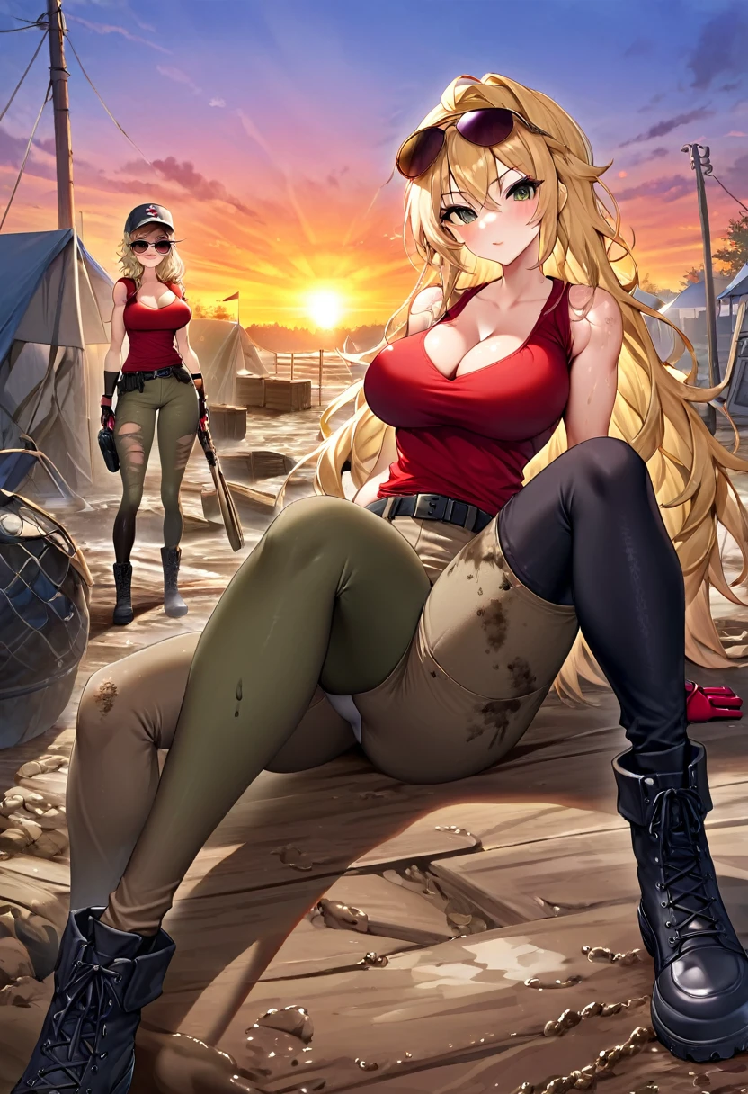 Two gorgeous European blonde women, age 23, wavy hair. The one on the left is wearing (muddy khaki leggings:1.5), military boots, distressed tight top khaki tank showing tits, baseball cap, gloves and sunglasses. The one on the right is wearing a red checkered shirt with cleavage, (skinny dirty muddy washed-out black jeggings:1.5), hiking boots, belt, sunglasses. (both are spreading legs wide showing crotch:1.5). In a military camp. Perfect body, perfect hair, perfect breast, blurry foreground, UHD, retina, masterpiece, accurate, anatomically correct, textured skin, super detail, high details, high quality, award winning, best quality, highres, 16k, 8k, sunset light.