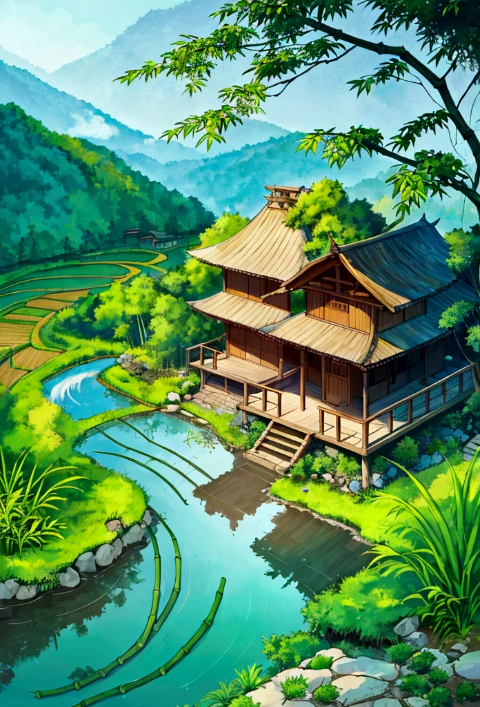 In a picturesque environment of clear mountains and flowing waters, small bamboo houses were neatly arranged. Beside them lay fertile farmlands in square plots, shimmering beautiful ponds, and stretches of mulberry trees and bamboo groves. Crisscrossing rural paths traversed the fields, and in the early morning, mist lingered in the air.