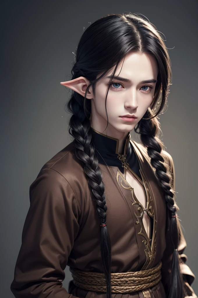1boy, detailed, detailed hair, cinematic lighting, high-resolution, lean build, perfect quality face, high quality, masterpiece, manhwa style, best quality, anime style, detailed beautiful eyes, perfect face, pale skin, black hair, long hair, braided hair, elf, holding a staff, anime style