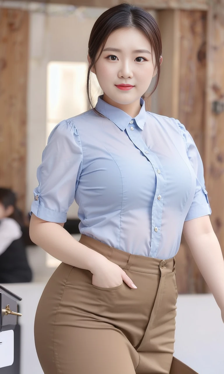 A woman lives in the forest. Dressed in the forest, she looks fat.