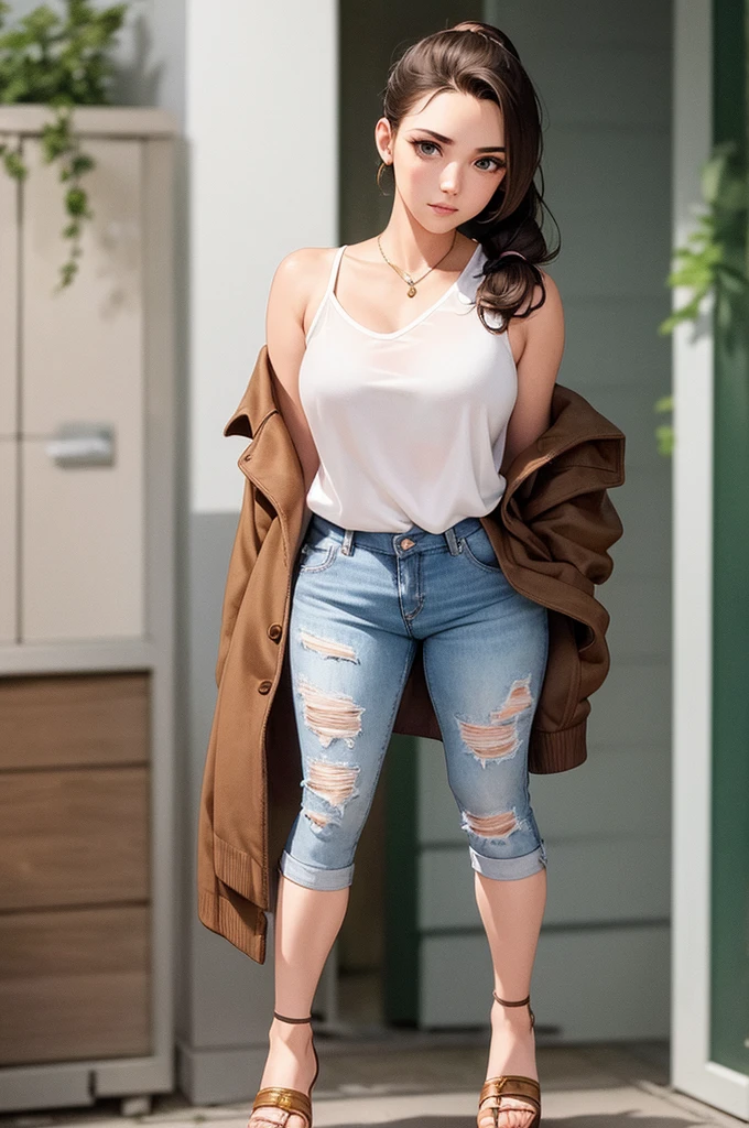 a one woman, standing in front, 18 years old, brown hair tied in a medium ponytail, green eyes with long eyelashes, white blouse with exposed shoulders, jeans, Brown high heel sandals, minimalist full body photo, 8k resolution, high qualiy, detail