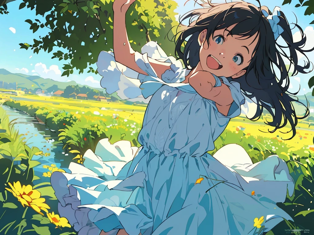 Reasonable design, Clear lines, High Sharpness, (Highest quality,8K,Perfect sharpness,Ultra fine,High resolution,masterpiece:1.2), Perfect Anatomy:1.5, Official Art, Illustrations that tell a story, (Whitish background:0. 9)、Body Positivity、多Mr.な身体表現、(Random and energetic poses)、Perfect beauty、Perfect beautiful face、Strong winds、A rich expression、Dynamic composition、smile、Golden ratio composition、colorful、((Mr.々Different angles and perspectives))、Anime Art、(Mini dress)、(Overcoming stereotypes)、 Glowing Skin、(Natural beauty)、smile、Bangs、(Soft and flowing hair)、(countryside)、(Nostalgic atmosphere)、Put up to your feet、(Playful and carefree)、(多Mr.な民族のキャラクター)、(innocent attitude)、(Sunny atmosphere)、(The skirt flutters wildly in the wind)、(Bright colors)、Beautiful Eyes、(Embarrassing)、Braided Hair、Summer Scene、Smiling among flowers、Angle from below、