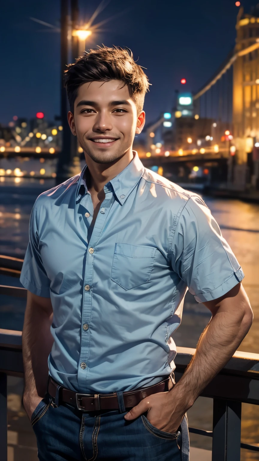 A man wearing a refreshing casual shirt is looking straight at the camera and smiling, The background is a city evening view, Close-up