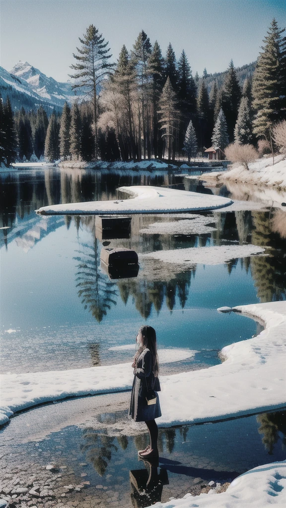 (work of art), (best qualityer:1.4), absurderes, [:details Intricate:0.2], 1 girl, Tree, neve, standing alone, plein-air, water, moutain, Jenna Ortega big breasts, 比基尼, long hair, scenario, winter, lake, (gazing at viewer:1.2), giorno, sky, reflection