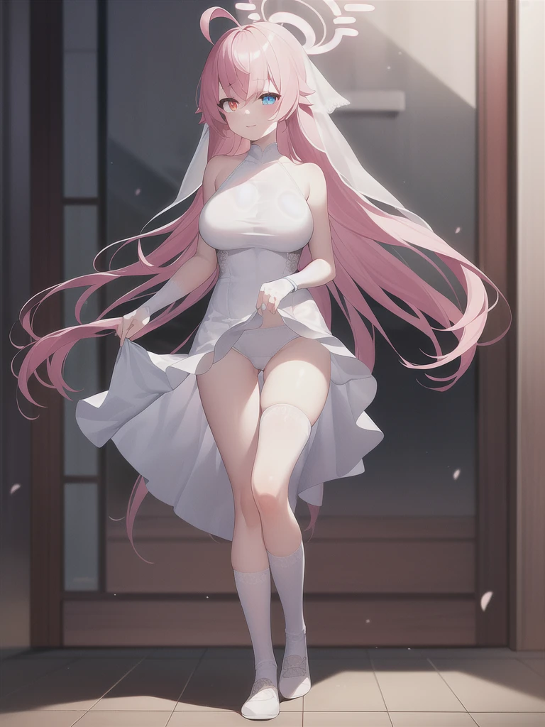 A girl,long hair, Bangs, Pink hair, Hair between the eyes, s eyes,蓝色s eyes:(1.5), (Large Breasts:1.2),
rest 锁骨, Wedding dress,veil,wedding,White dress,Flowers,Broken skirt,White socks,Tights,White knee socks,
looking at viewer, whole body,
indoors, church,Standing,Standing,
rest (masterpiece:1.2), best quality, high resolution, Unity 8k Wallpaper, (illustration:0.8), (美丽细致s eyes:1.6), Extremely detailed face, Perfect lighting, Extremely detailed CG, (Perfect hands, Perfect anatomical structure),