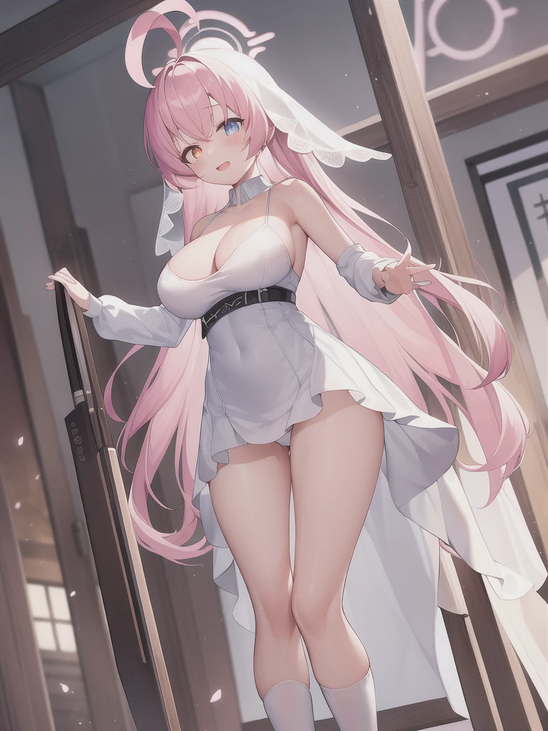 A girl,long hair, Bangs, Pink hair, Hair between the eyes, s eyes,蓝色s eyes:(1.5), (Large :1.2),
rest 锁骨, Wedding dress,veil,wedding,White dress,Flowers,Broken skirt,White socks,Tights,White knee socks,
looking at viewer, whole body,
indoors, church,Standing,Standing,
rest (masterpiece:1.2), best quality, high resolution, Unity 8k Wallpaper, (illustration:0.8), (美丽细致s eyes:1.6), Extremely detailed face, Perfect lighting, Extremely detailed CG, (Perfect hands, Perfect anatomical structure),