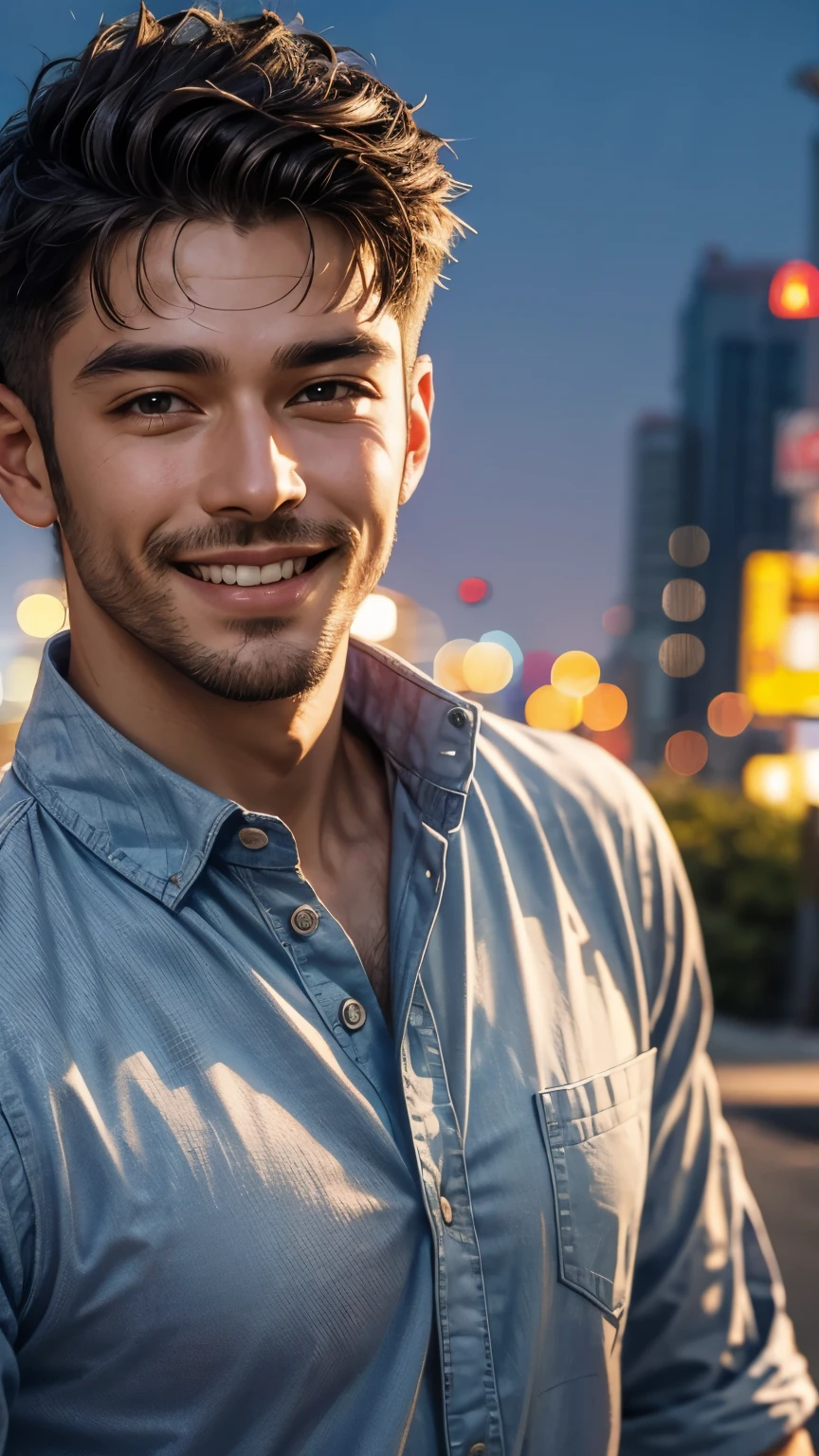 A man wearing a refreshing casual shirt is looking straight at the camera and smiling, The background is a city evening view, Close-up