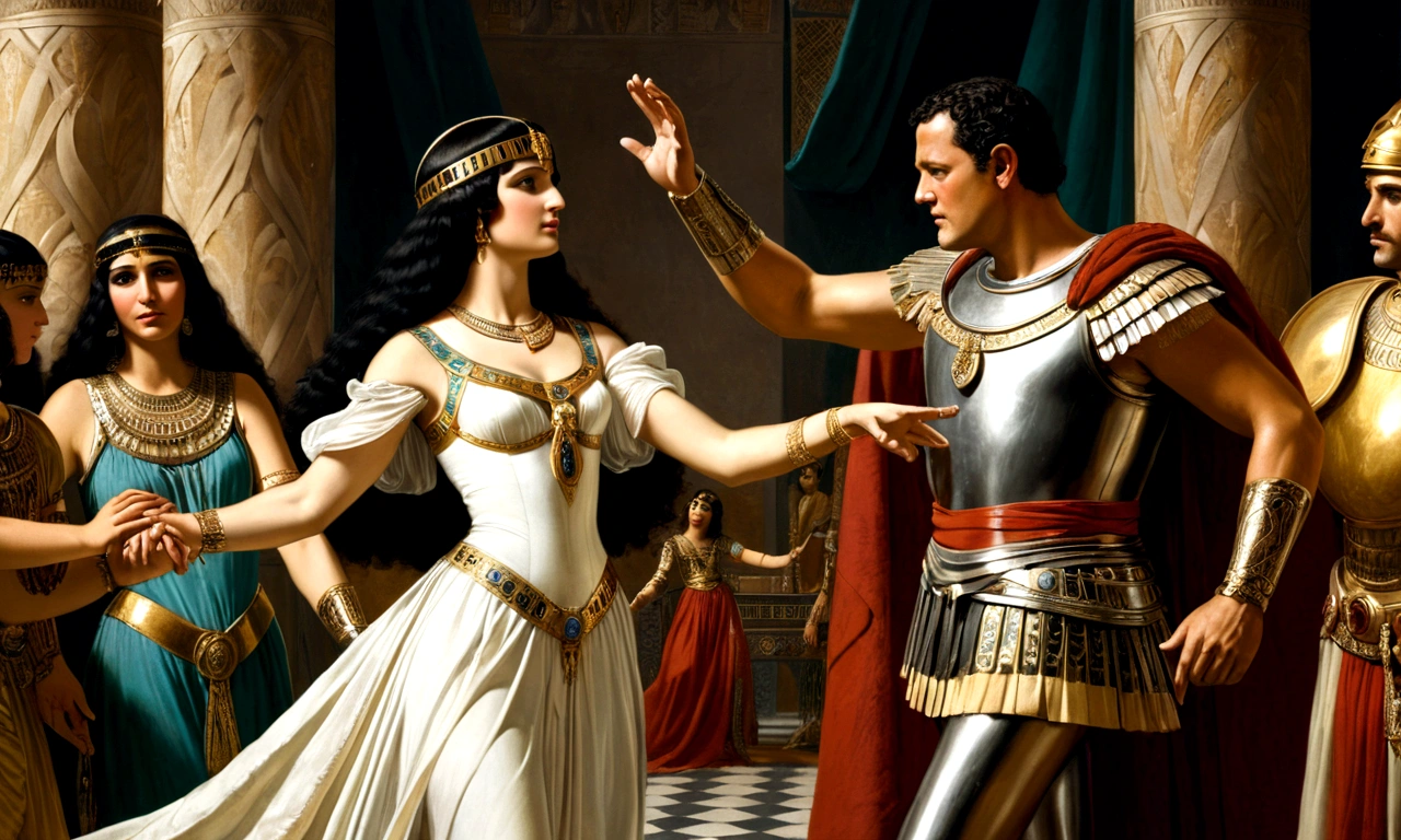Renaissance painting of Julio Cesar taking Cleopatra by the hand, twirling her around as if she were dancing a waltz, he is dazzled by her beauty, he has a look of love