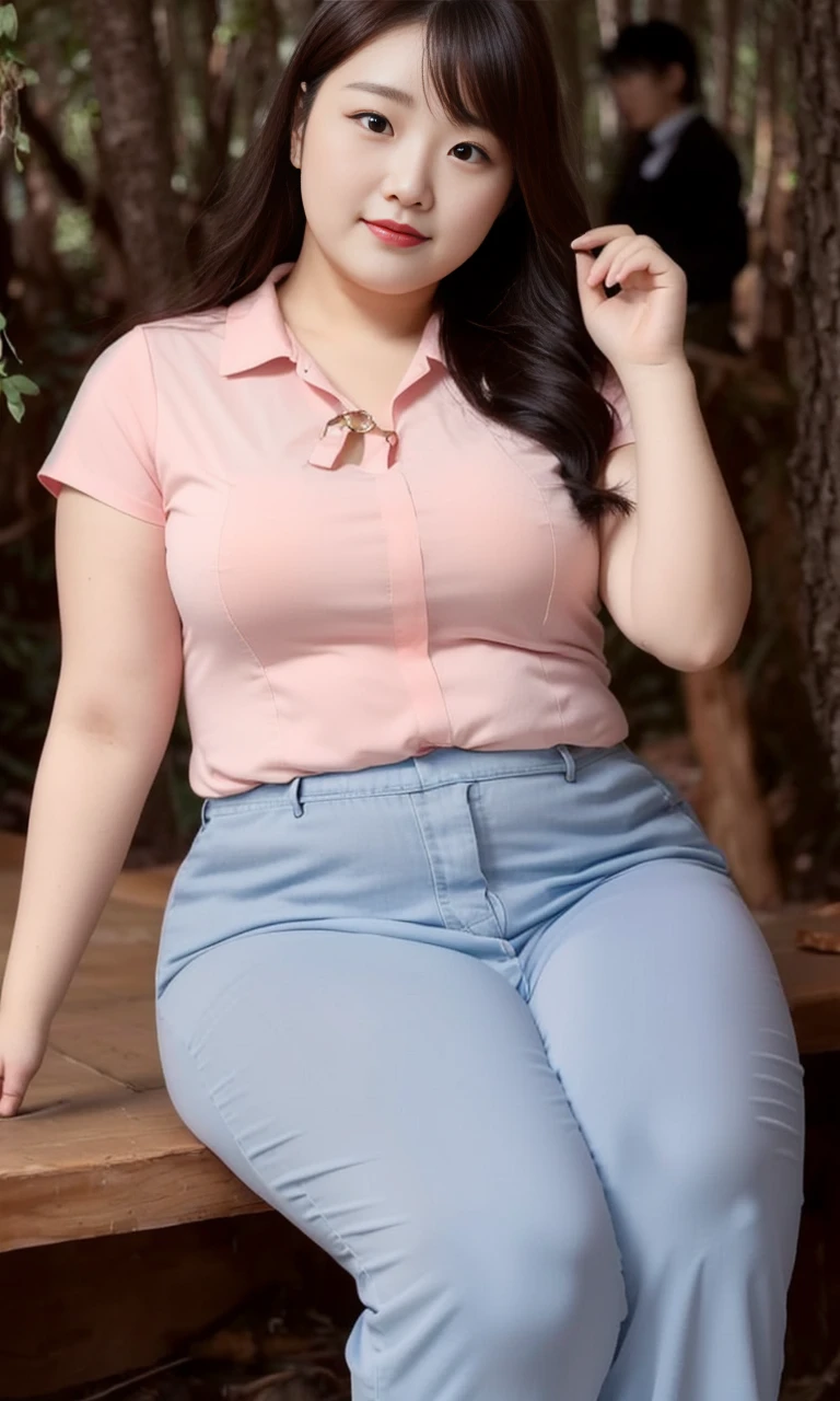 A woman lives in the forest. Dressed in the forest, she looks fat.