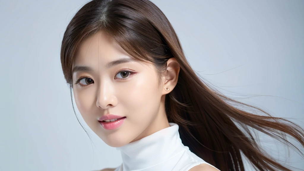 (detailed face),VIVID,normal breasts,pretty,sleeveless and turtle neck white silky clothes,4k ,super high resolution ,(photo-realistic: 1.7),white background,long hair,