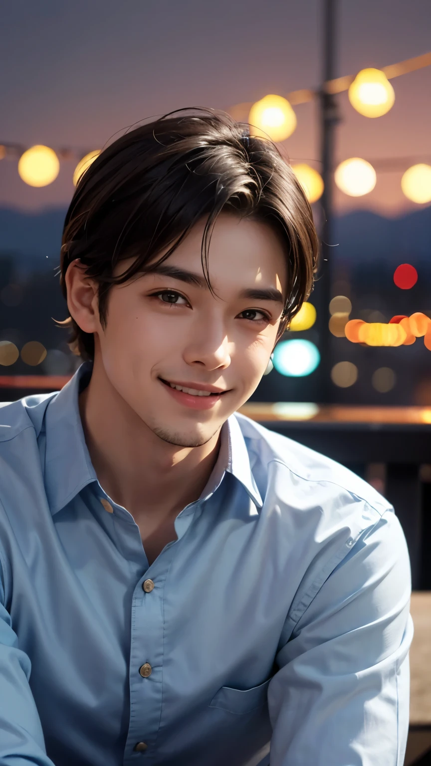 A man wearing a refreshing casual shirt is looking straight at the camera and smiling, The background is a city evening view, Close-up