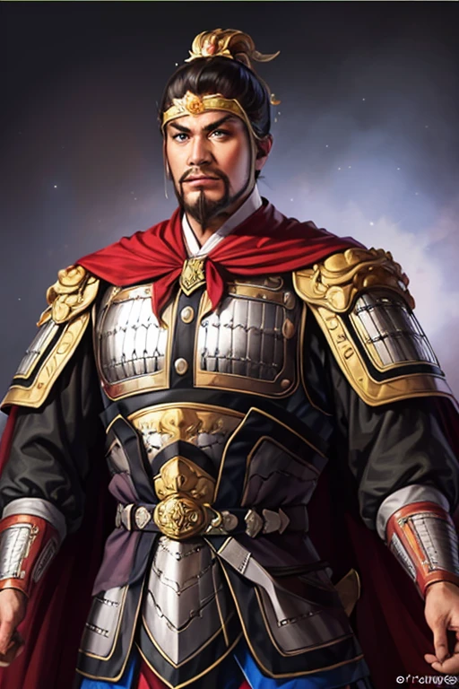 8K,man with sword,ornate armor(The elaborately crafted coat of arms of a nobleman),ultra high resolution,surreal,realistic skin,Black hair short hair,big black eyes,clear eye description, muscular body,waist armor,delicate hands, Perfect hand shape, character art, action pose,masterpiece,Realistic RAW photos of the highest quality,bright colors,rich colors, backlight, movie lights, film grain,50mm lens