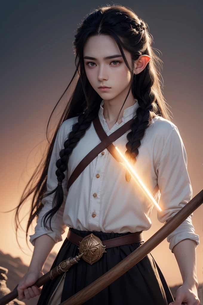 1boy, detailed, detailed hair, cinematic lighting, high-resolution, lean build, perfect quality face, high quality, masterpiece, manhwa style, best quality, anime style, detailed beautiful eyes, perfect face, pale skin, black hair, long hair, braided hair, elf, holding a staff, anime style
