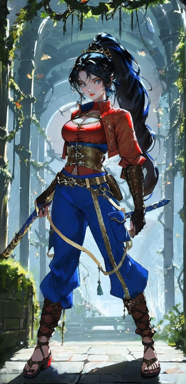 Barbarian Druid outfit, woodland armor, flowers and vines made into an outfit, Solo, female, slightly muscular, slightmuscle, big blue eyes, fantasy outfit, forest, pants, cropped jacket, modest clothingBlack hair, Black curly long hair in a ponytail, light blue eyes, tall and Toned woman, Barbarian woman, full body, aesthetic, beautiful woman,fantasy clothing, (masterpiece, best quality:1.2), solo, 1girl, smile, looking at viewer, ponytail, sandals, bare arms, no sleeves, red and blue outfit, cargo pants, red shirt, blue pants, gold accessories, light skin, bright blue eyes, wearing a battle dress