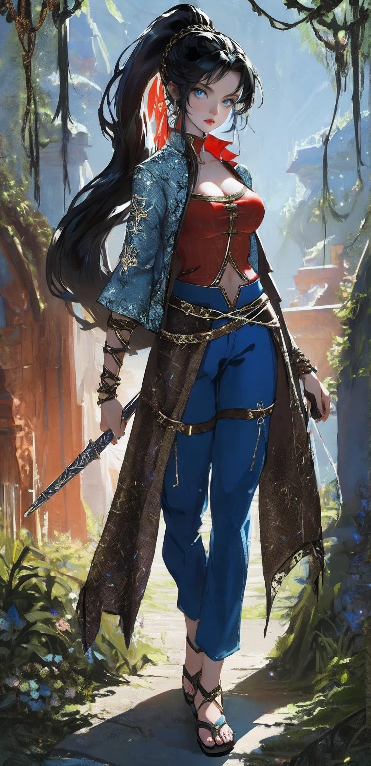 Barbarian Druid outfit, woodland armor, flowers and vines made into an outfit, Solo, female, slightly muscular, slightmuscle, big blue eyes, fantasy outfit, forest, pants, cropped jacket, modest clothingBlack hair, Black curly long hair in a ponytail, light blue eyes, tall and Toned woman, Barbarian woman, full body, aesthetic, beautiful woman,fantasy clothing, (masterpiece, best quality:1.2), solo, 1girl, smile, looking at viewer, ponytail, sandals, bare arms, no sleeves, red and blue outfit, cargo pants, red shirt, blue pants, gold accessories, light skin, bright blue eyes, wearing a battle dress