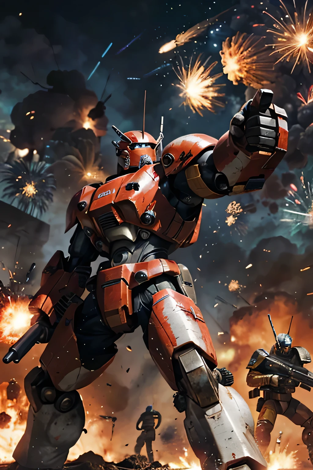 Photo of Fightsuit, Mecha, translation, Grab your gun., shoot, White Metal, scar, red, Shoulder Cannon, Arm Cannon, Fight, During the siege, Big Explosion, 
