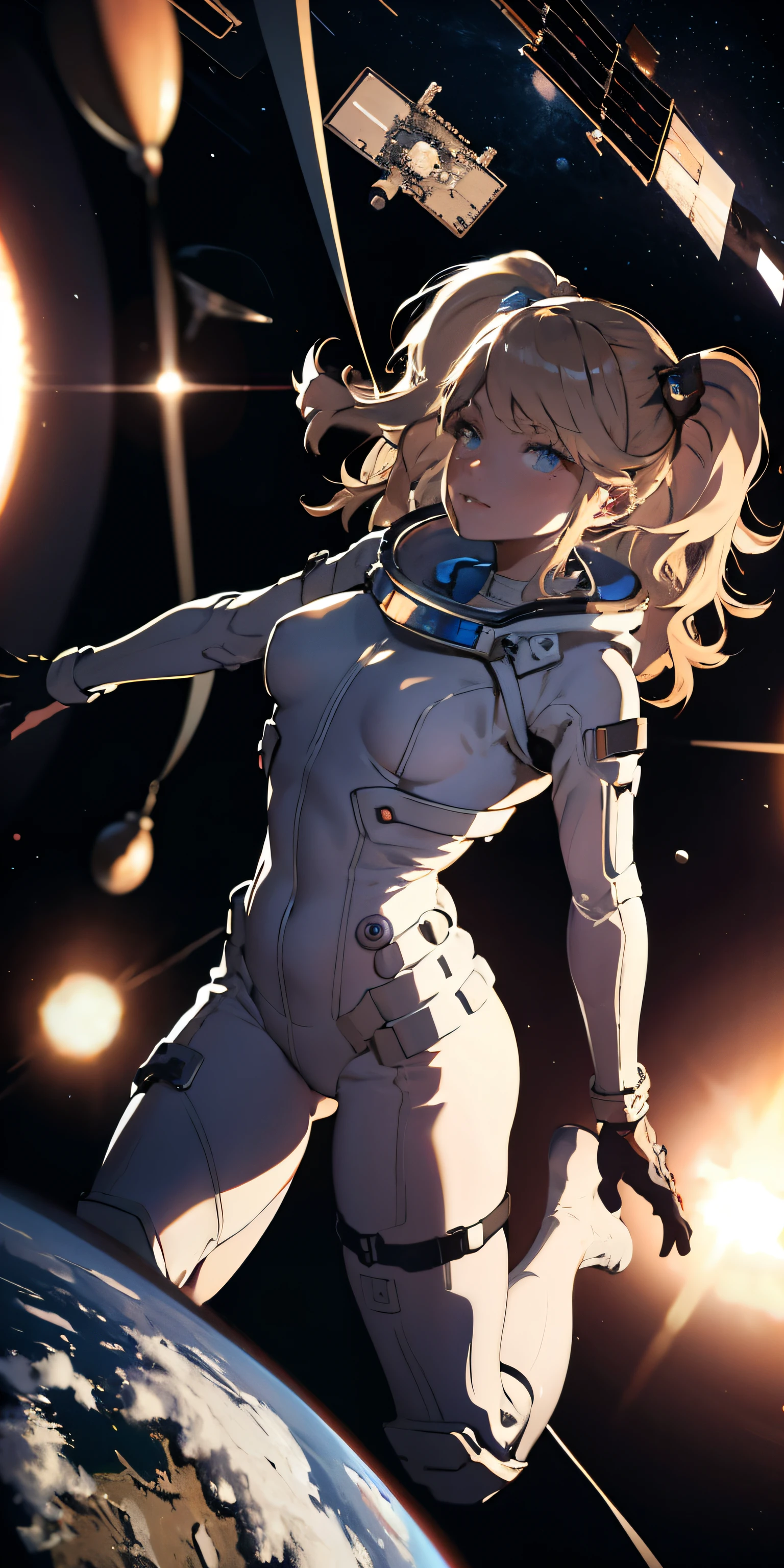 Ridiculous resolution, high resolution, (masterpiece:1.4), Extremely detailed, 1 Girl, in spacesuit, Look from above, space, floating, satellite, Running posture, Wide-angle lens distortion，nude