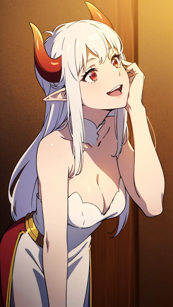 1girl,20s,solo,white short dress,white hair,long hair,elf ears,horns,white pantyhose,cleavage,red eyes,gold tiara,((no background)),talking,happy,smile,open mouth,profile,hand_on_own_cheek,looking to side,head up