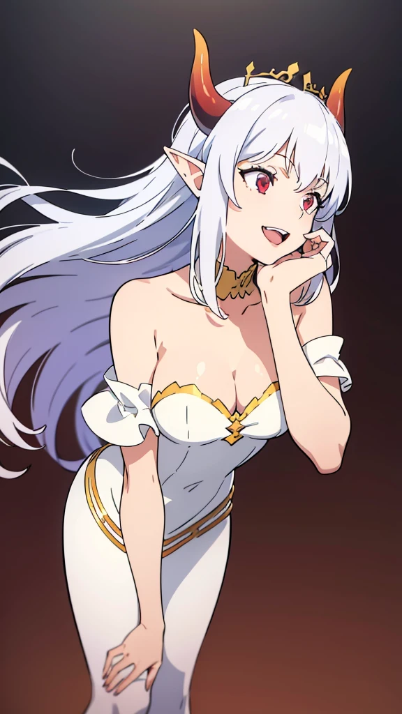 1girl,20s,solo,white short dress,white hair,long hair,elf ears,horns,white pantyhose,cleavage,red eyes,gold tiara,((no background)),talking,happy,smile,open mouth,profile,hand_on_own_cheek,looking to side,head up