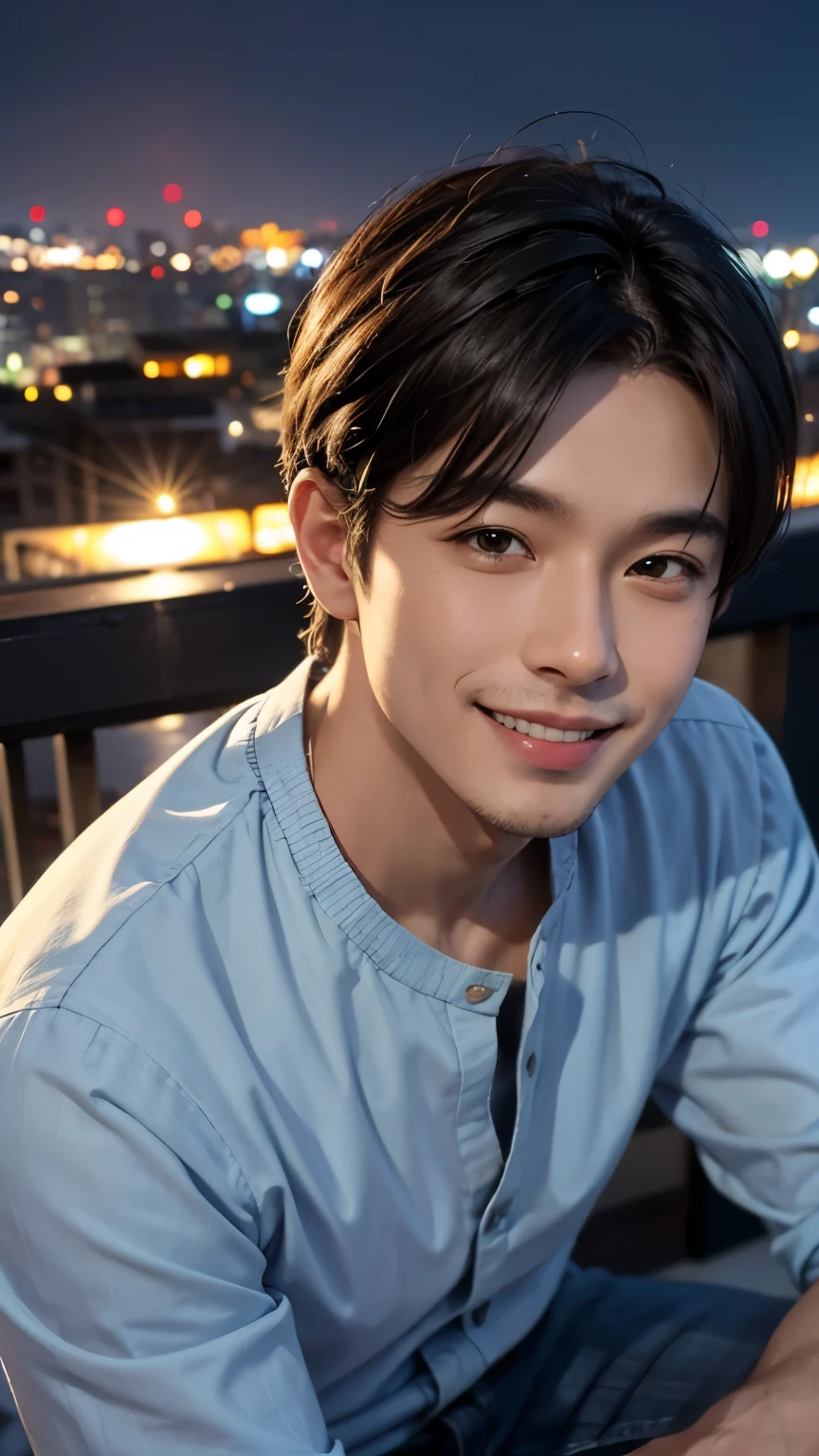 A man wearing a refreshing casual shirt is looking straight at the camera and smiling, The background is a city evening view, Close-up