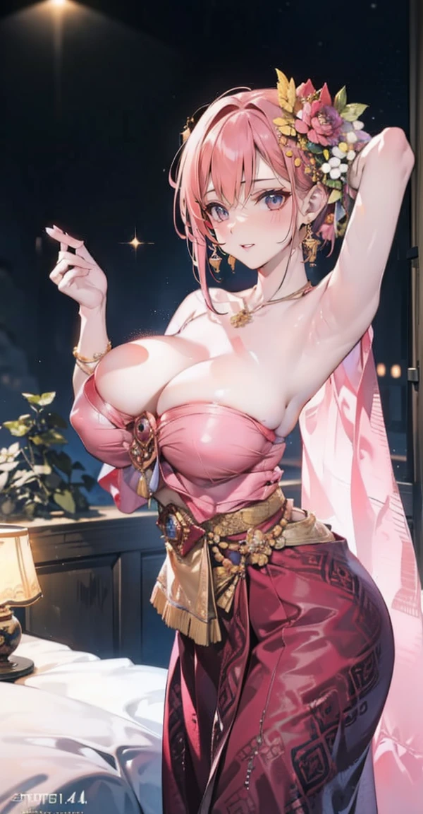 Group of 5 princesses,(5 young women,many young women), (in the bedroom), Various hair styles, harem, Wearing a strapless Thai dress.., at night, detailed face, big breasts,Breast curtain, short skirt, mule, Sleeveless , Show your armpits, at night, starry at night,(large areolae:1.4,pink,The nipples are clearly visible....),((Various poses)