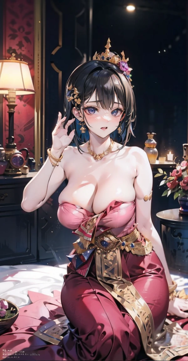Group of 5 princesses,(5 young women,many young women), (in the bedroom), Various hair styles, harem, Wearing a strapless Thai dress.., at night, detailed face, big breasts,Breast curtain, short skirt, mule, Sleeveless , Show your armpits, at night, starry at night,(large areolae:1.4,pink,The nipples are clearly visible....),((Various poses)