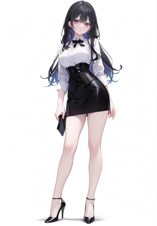 Purple super long Hair,Adult female,(suit),White Y-shirt,((Rolling up his sleeves)),(corset),(Black tight skirt),(High heels),Heels are visible,((Simple white background)),smile,((whole body)),((full body)),