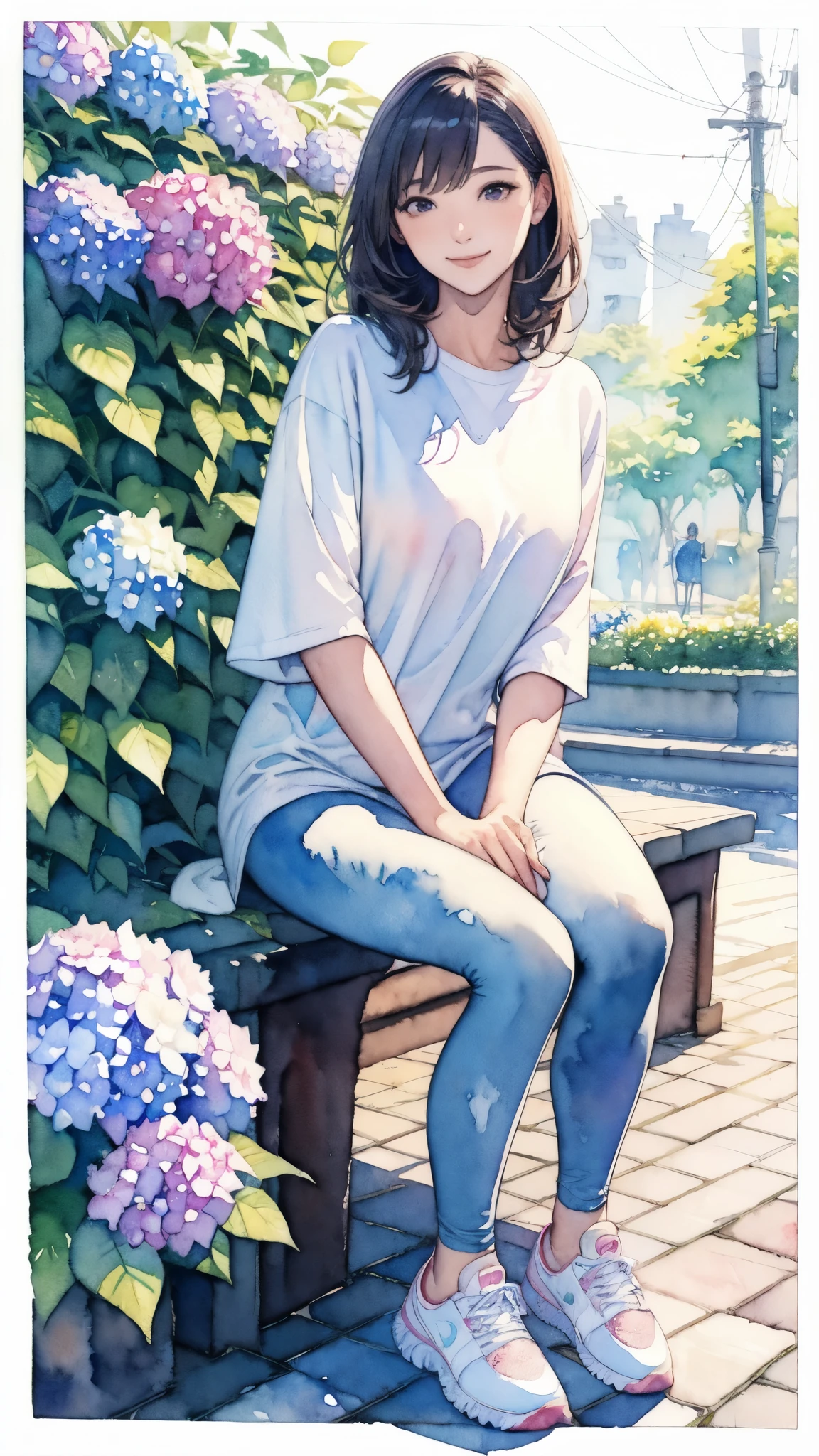 (masterpiece),(Highest quality:1.2),(Very detailed:1.2),(High resolution),(((watercolor))),8K,A woman sits and looks at the hydrangeas blooming in the street,leggings,sneakers,透明watercolor,(smile)