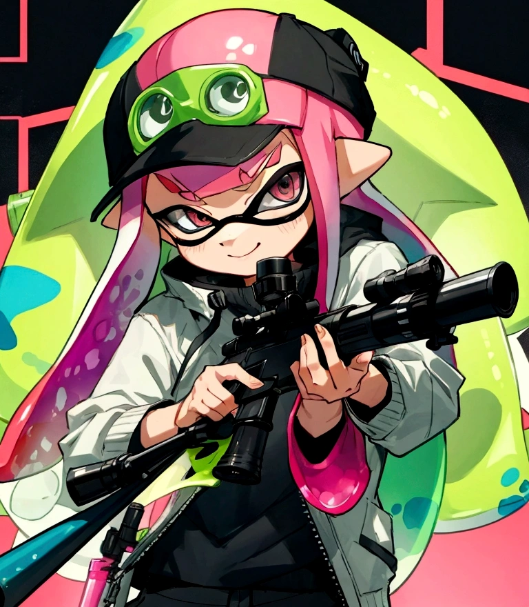 An Inkling from Splatoon is holding a sniper and looking through the scope with one eye closed、Cool and stylish artwork、Cool colors