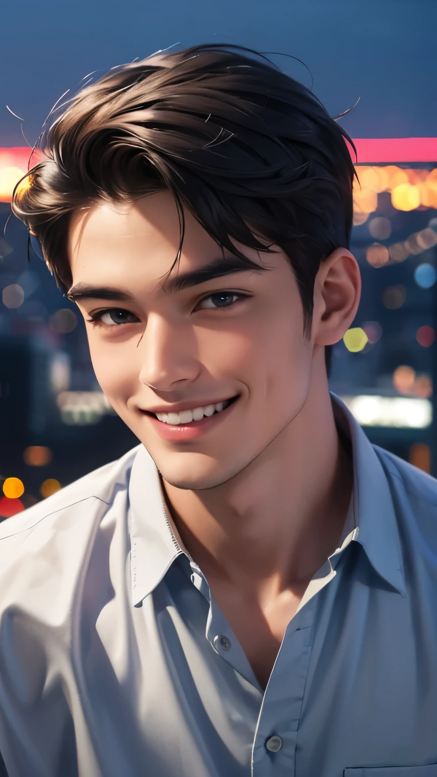 A man wearing a refreshing casual shirt is looking straight at the camera and smiling, The background is a city evening view, Close-up
